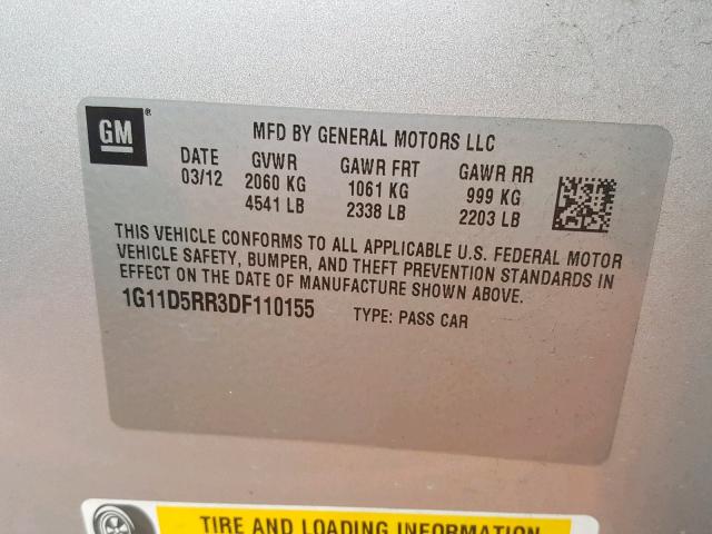 1G11D5RR3DF110155 - 2013 CHEVROLET MALIBU 1LT ვერცხლისფერი ფოტო 10
