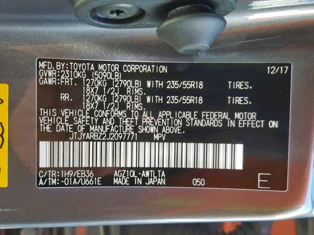 JTJYARBZ2J2097771 - 2018 LEXUS NX 200T GRAY photo 10