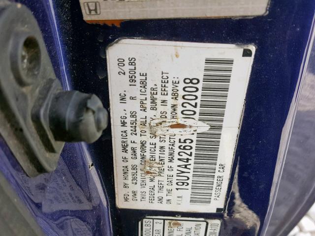 19UYA42651A002008 - 2001 ACURA 3.2CL TYPE BLUE photo 10