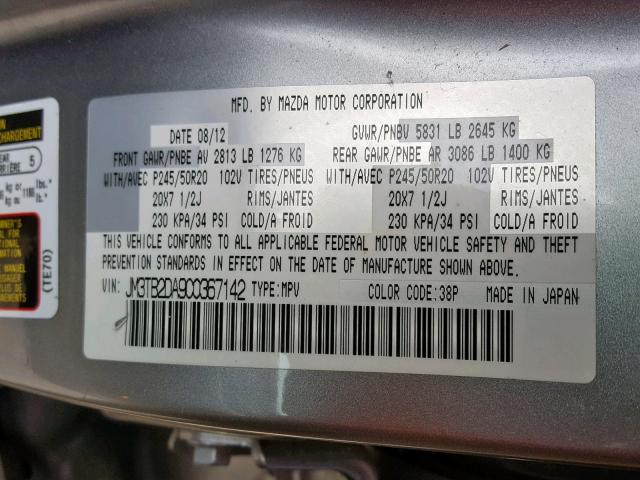 JM3TB2DA9C0367142 - 2012 MAZDA CX-9 GRAY photo 10