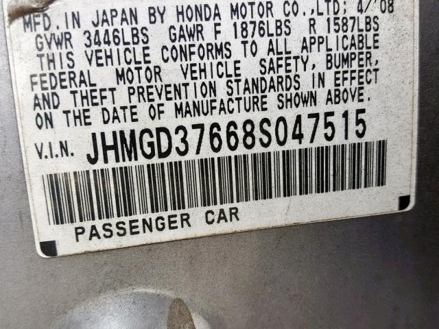 JHMGD37668S047515 - 2008 HONDA FIT SPORT SILVER photo 10