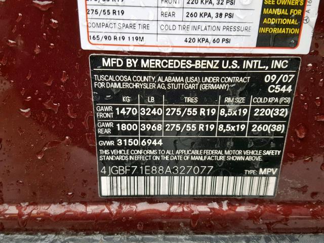 4JGBF71E88A327077 - 2008 MERCEDES-BENZ GL 450 4MA MAROON photo 10