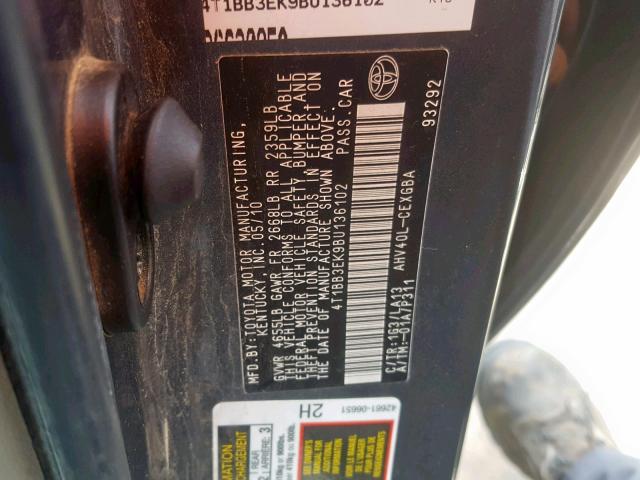 4T1BB3EK9BU136102 - 2011 TOYOTA CAMRY HYBR CHARCOAL photo 10