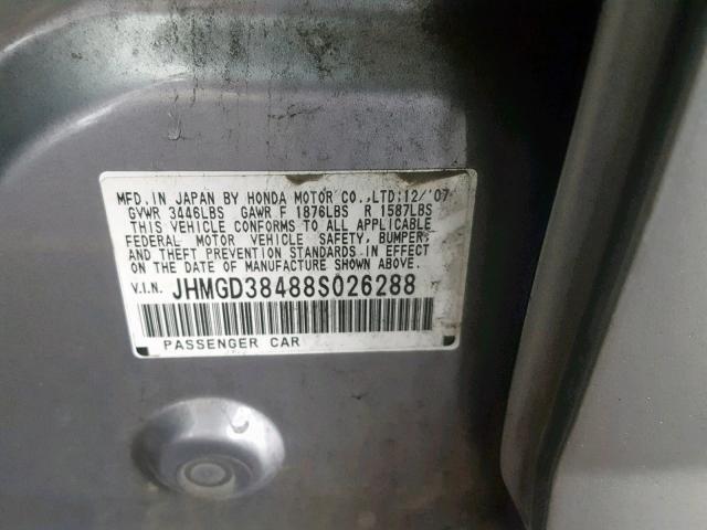 JHMGD38488S026288 - 2008 HONDA FIT GRAY photo 10