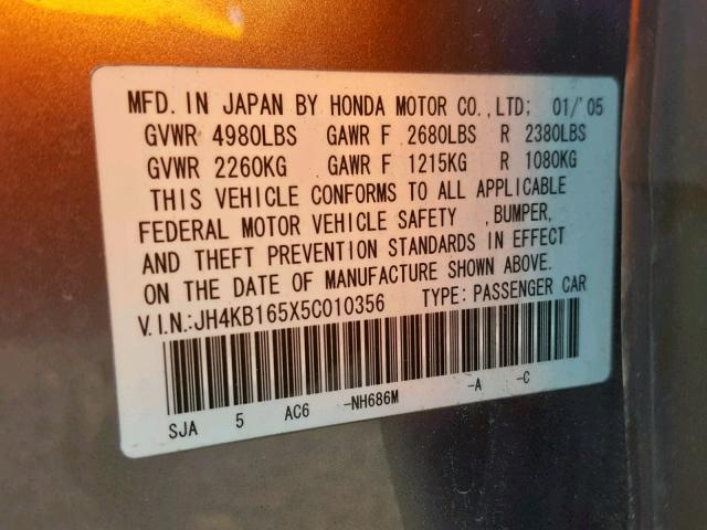 JH4KB165X5C010356 - 2005 ACURA RL GRAY photo 10