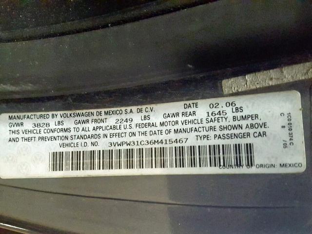 3VWPW31C36M415467 - 2006 VOLKSWAGEN NEW BEETLE ნაცრისფერი ფოტო 10