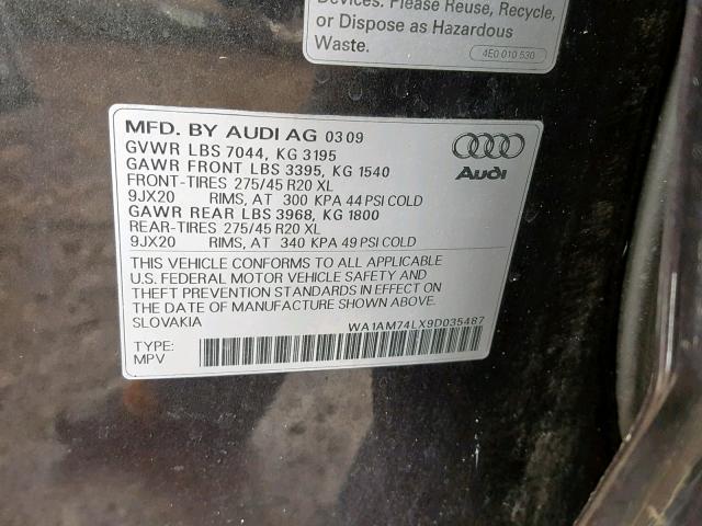 WA1AM74LX9D035487 - 2009 AUDI Q7 TDI GRAY photo 10