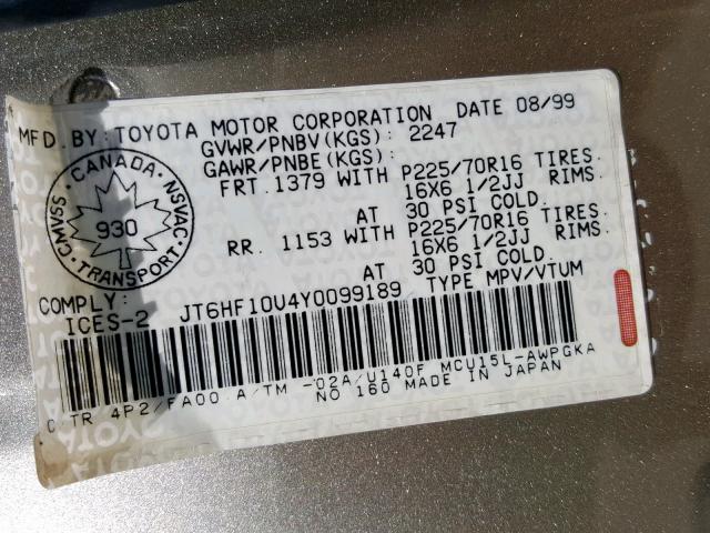 JT6HF10U4Y0099189 - 2000 LEXUS RX 300 BEIGE photo 10