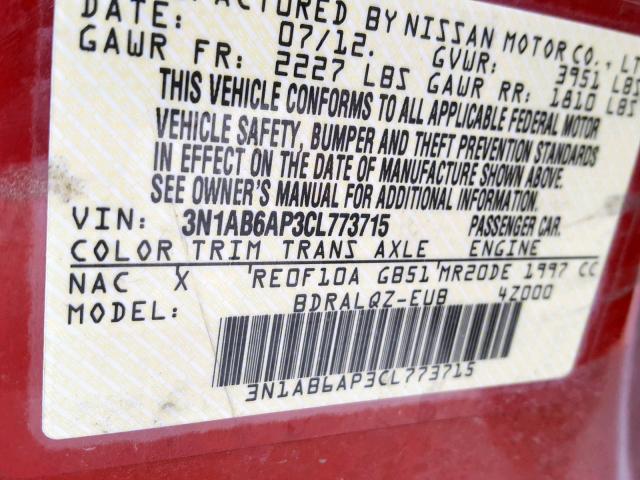 3N1AB6AP3CL773715 - 2012 NISSAN SENTRA 2.0 RED photo 10