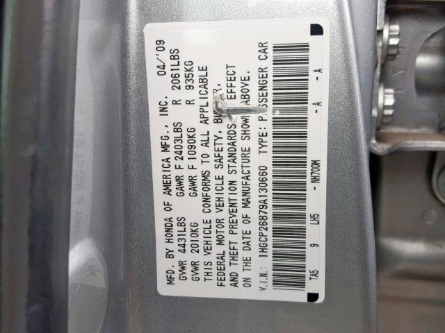 1HGCP26879A130660 - 2009 HONDA ACCORD EXL SILVER photo 10