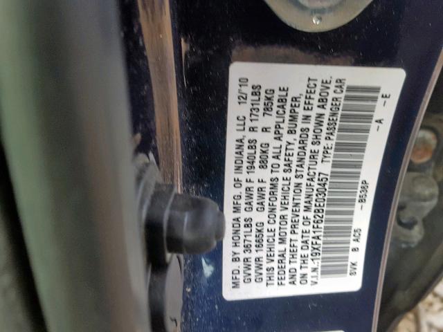 19XFA1F62BE030457 - 2011 HONDA CIVIC LX-S Mavi foto 10