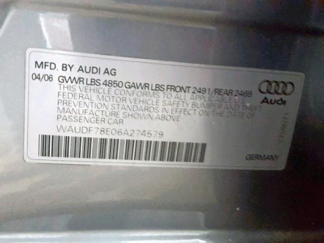 WAUDF78E06A274579 - 2006 AUDI A4 2.0T QU GRAY photo 10