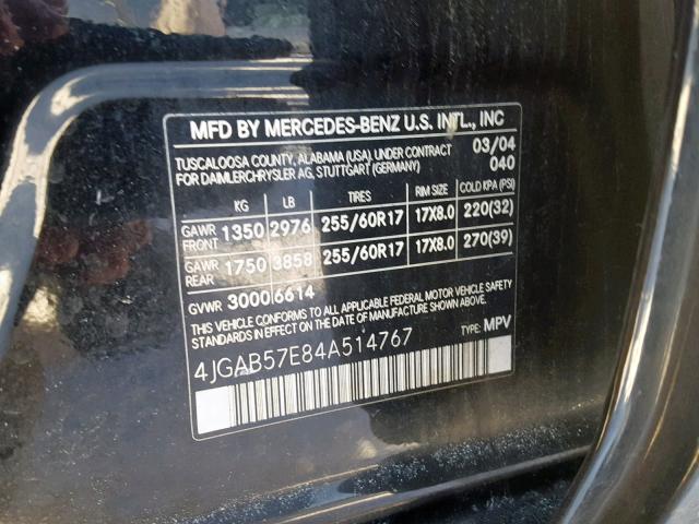 4JGAB57E84A514767 - 2004 MERCEDES-BENZ ML 350 BLACK photo 10