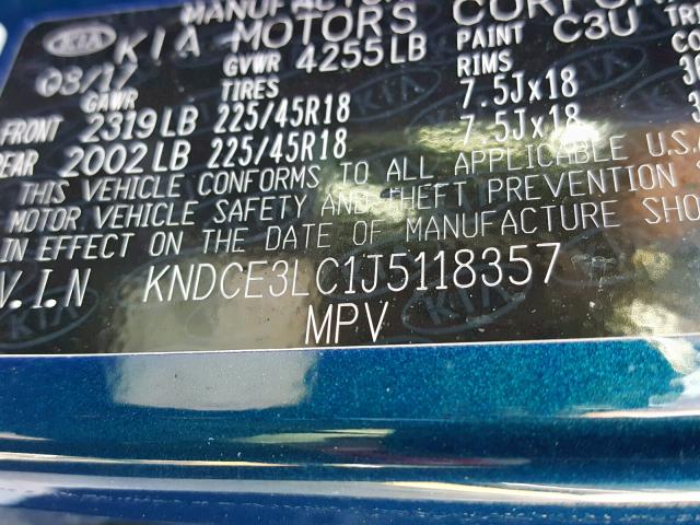 KNDCE3LC1J5118357 - 2018 KIA NIRO TOURI BLUE photo 10