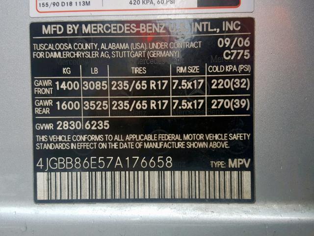 4JGBB86E57A176658 - 2007 MERCEDES-BENZ ML 350 SILVER photo 10