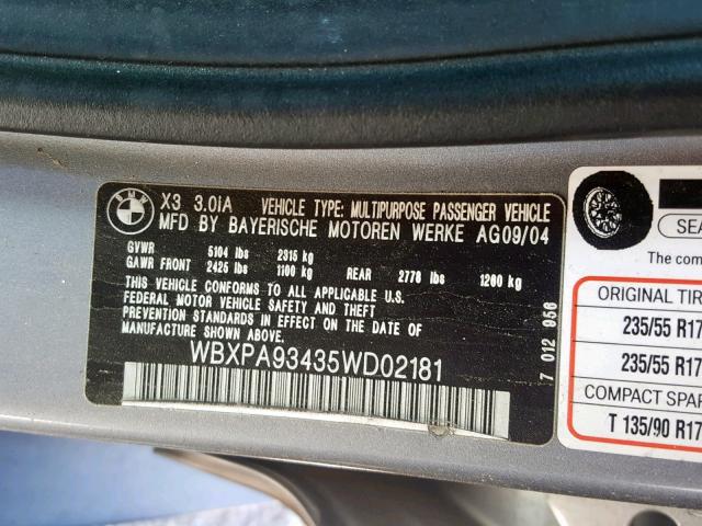 WBXPA93435WD02181 - 2005 BMW X3 3.0I SILVER photo 10