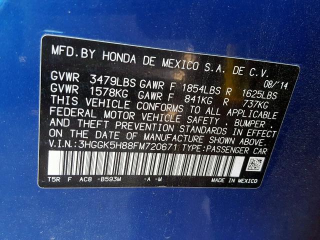 3HGGK5H88FM720671 - 2015 HONDA FIT EX BLUE photo 10