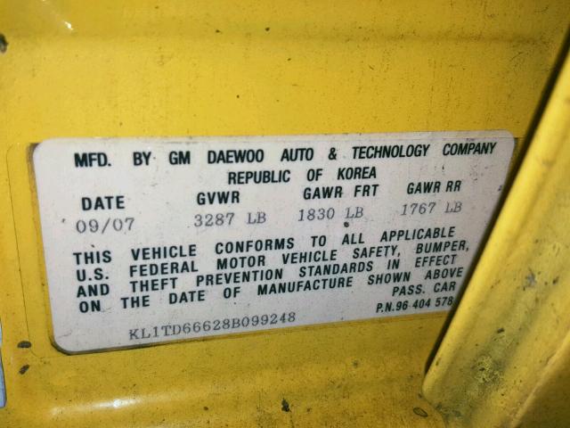 KL1TD66628B099248 - 2008 CHEVROLET AVEO BASE Сары фото 10