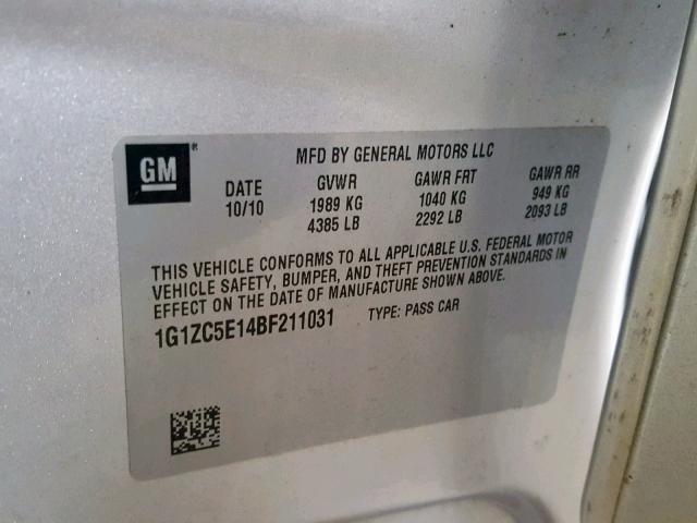 1G1ZC5E14BF211031 - 2011 CHEVROLET MALIBU 1LT 银色 照片 10