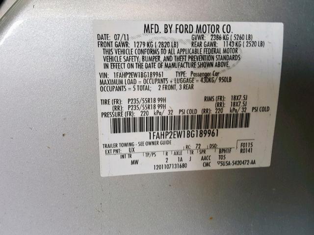 1FAHP2EW1BG189961 - 2011 FORD TAURUS SEL SILVER photo 10