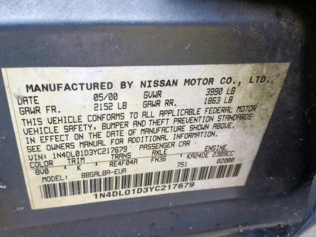 1N4DL01D3YC217679 - 2000 NISSAN ALTIMA XE BLUE photo 10