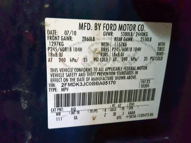 2FMDK3JC0BBA05170 - 2011 FORD EDGE SEL BLUE photo 10