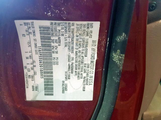 1FAFP55U62G188005 - 2002 FORD TAURUS SES MAROON photo 10