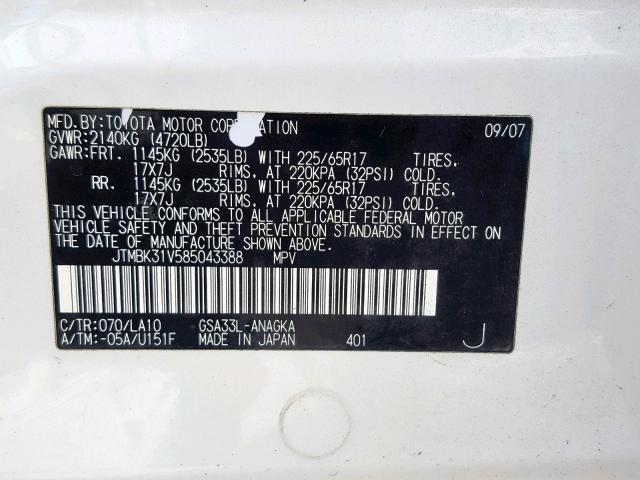 JTMBK31V585043388 - 2008 TOYOTA RAV4 LIMIT WHITE photo 10