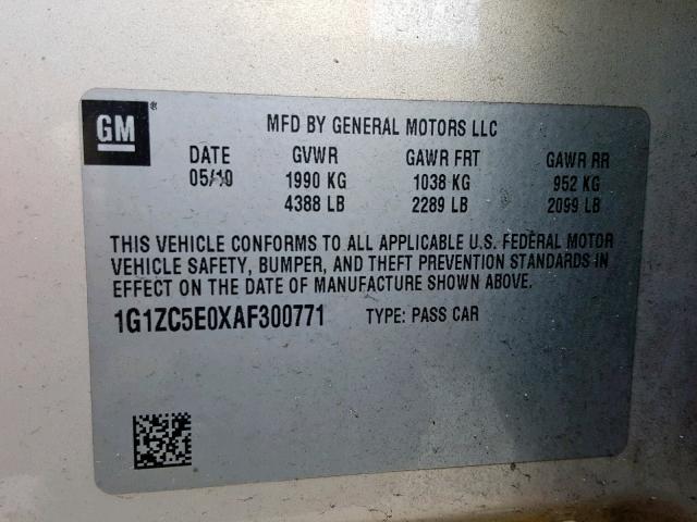 1G1ZC5E0XAF300771 - 2010 CHEVROLET MALIBU 1LT 金色 照片 10