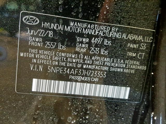 5NPE34AF3JH723353 - 2018 HYUNDAI SONATA SPO BLACK photo 10