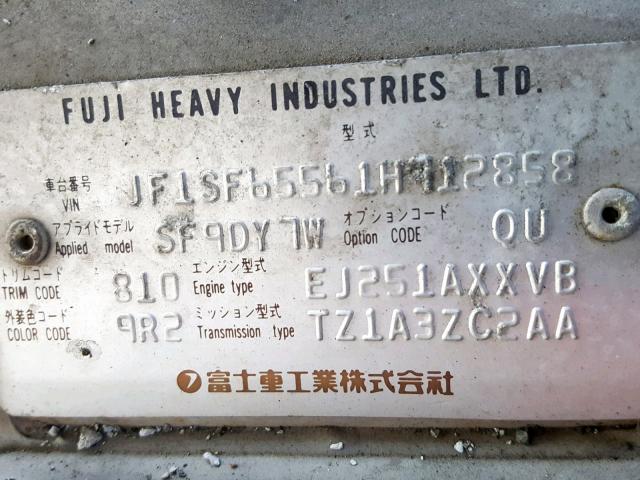 JF1SF65561H712858 - 2001 SUBARU FORESTER S GOLD photo 10