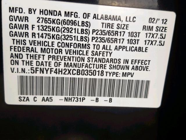 5FNYF4H2XCB035018 - 2012 HONDA PILOT LX BLACK photo 10