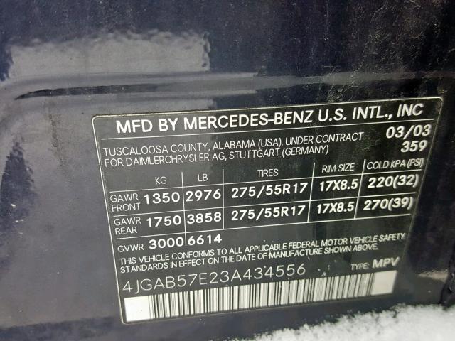 4JGAB57E23A434556 - 2003 MERCEDES-BENZ ML 350 BLUE photo 10