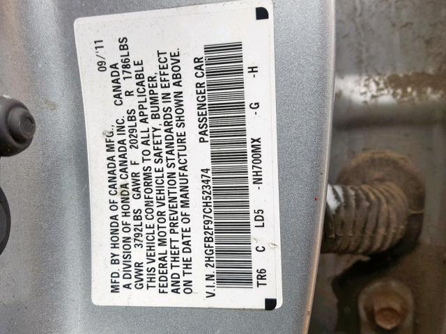 2HGFB2F97CH523474 - 2012 HONDA CIVIC EXL SILVER photo 10