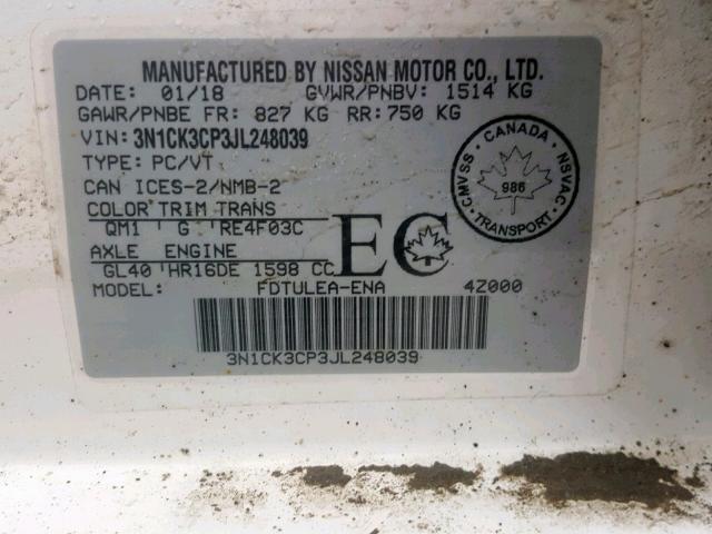 3N1CK3CP3JL248039 - 2018 NISSAN MICRA WHITE photo 10