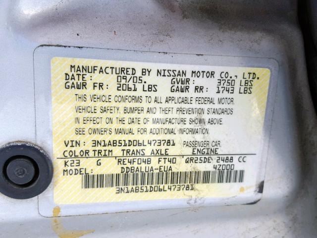 3N1AB51D06L473781 - 2006 NISSAN SENTRA SE- SILVER photo 10