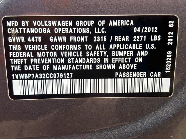 1VWBP7A32CC079127 - 2012 VOLKSWAGEN PASSAT SE GRAY photo 10