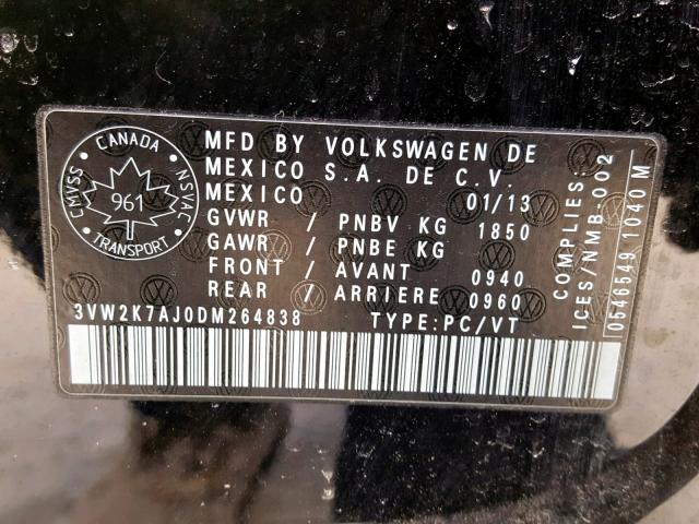 3VW2K7AJ0DM264838 - 2013 VOLKSWAGEN JETTA BASE Սև լուսանկար 10