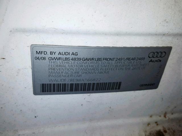 WAUDF78E98A166822 - 2008 AUDI A4 2.0T QU WHITE photo 10