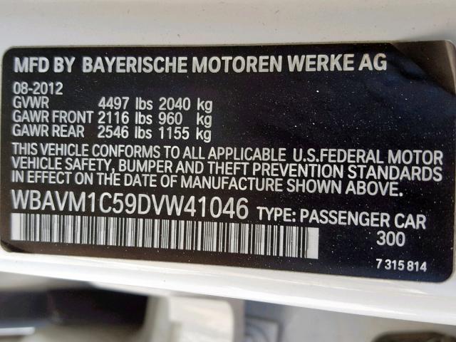 WBAVM1C59DVW41046 - 2013 BMW X1 SDRIVE2 WHITE photo 10