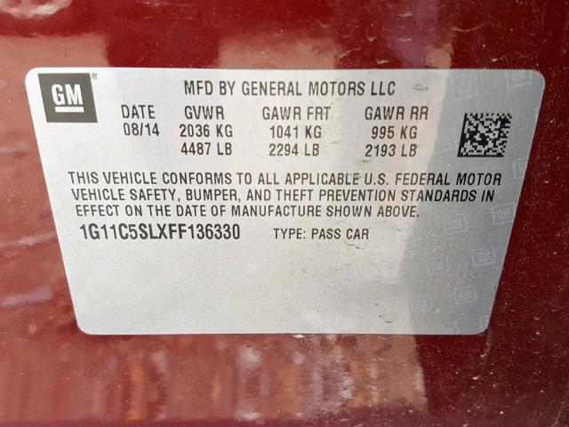 1G11C5SLXFF136330 - 2015 CHEVROLET MALIBU 1LT 栗色 照片 10