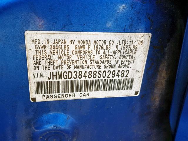 JHMGD38488S029482 - 2008 HONDA FIT BLUE photo 10