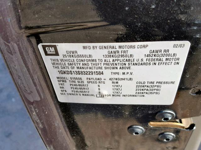 1GKDS13S832291584 - 2003 GMC ENVOY GRAY photo 10