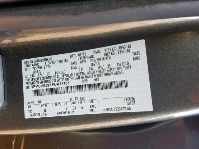 1FMCU9J9XEUA73181 - 2014 FORD ESCAPE TIT GRAY photo 10