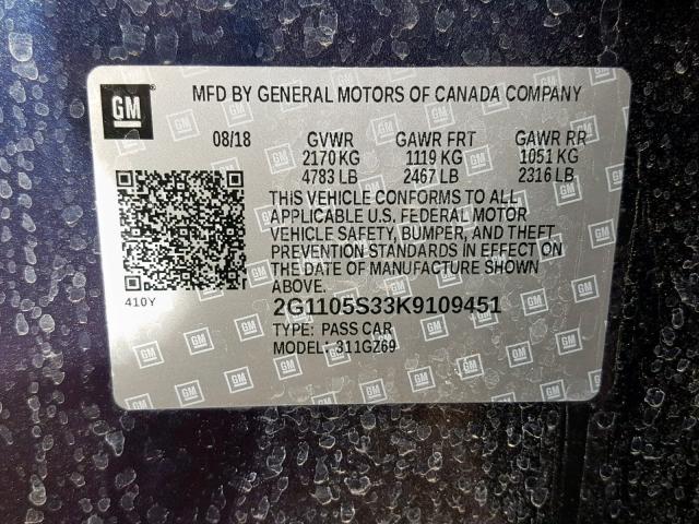 2G1105S33K9109451 - 2019 CHEVROLET IMPALA PRE BLUE photo 10