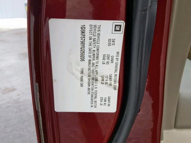 1G6KF5798YU259206 - 2000 CADILLAC DEVILLE DT MAROON photo 10