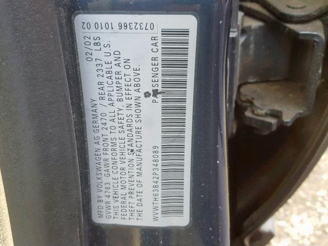 WVWTH63B42P348089 - 2002 VOLKSWAGEN PASSAT GLX 石墨色 照片 10