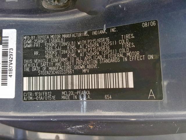 5TDZA23C46S537661 - 2006 TOYOTA SIENNA CE/ GRAY photo 10