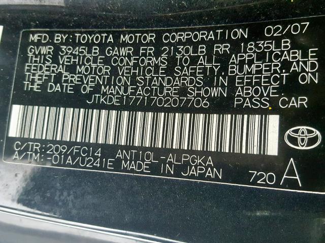 JTKDE177170207706 - 2007 TOYOTA SCION TC 黑色 照片 10