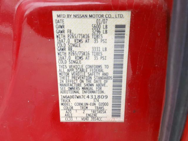 1N6AD07WX7C431809 - 2007 NISSAN FRONTIER C RED photo 10